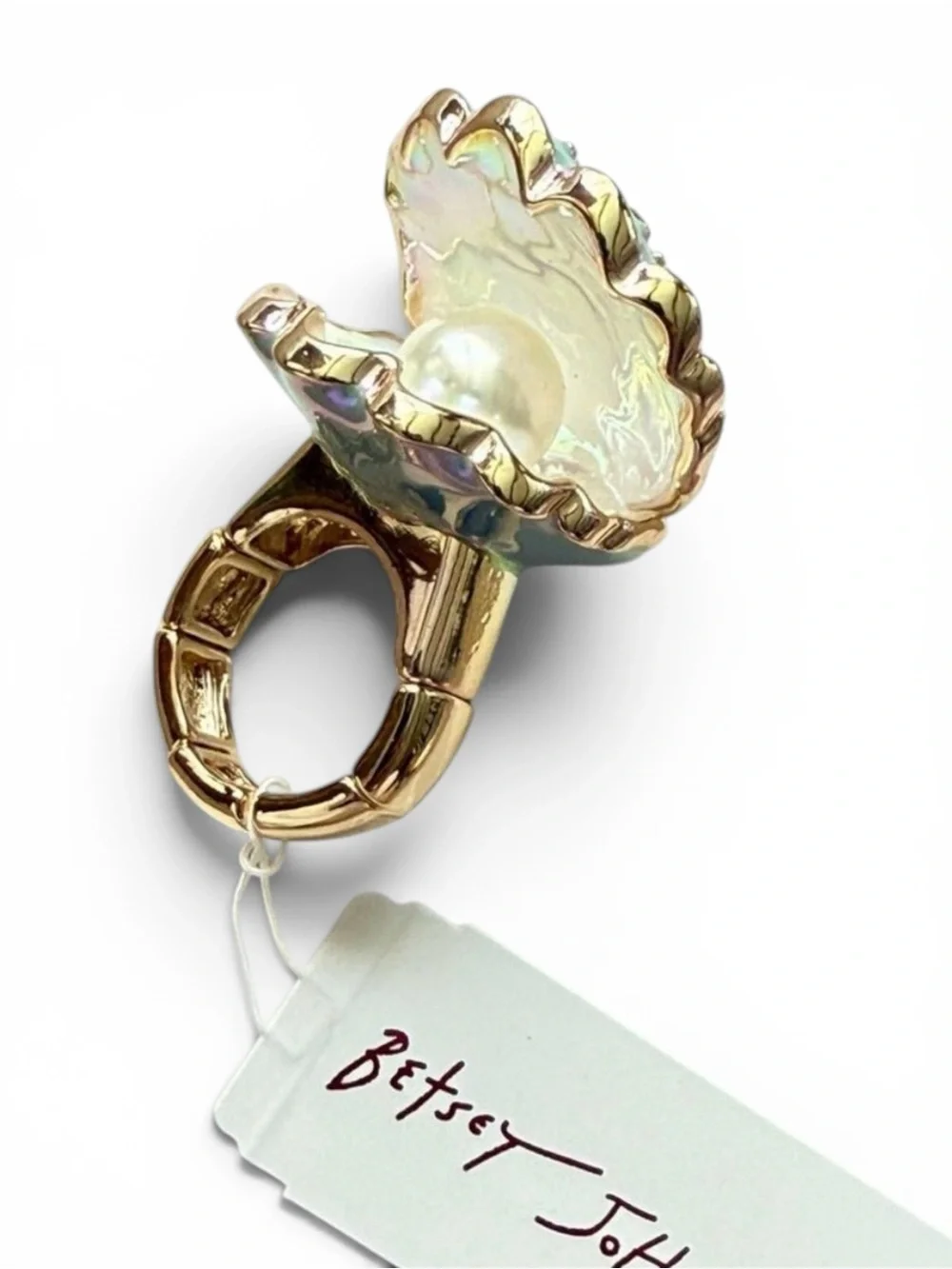 Betsey Johnson Clam Shell Stretch Cocktail Ring Gold Tone Blue Crystal Pearl
